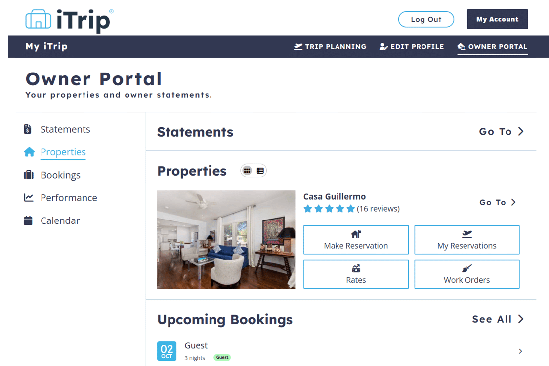 Screenshot of the iTrip Owner Portal dashboard showing bookings, earnings, and management tools for vacation rental owners.