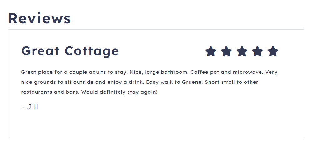 Screenshot of a five-star review for an iTrip San Antonio vacation rental, where a guest writes, "Would definitely stay again!"
