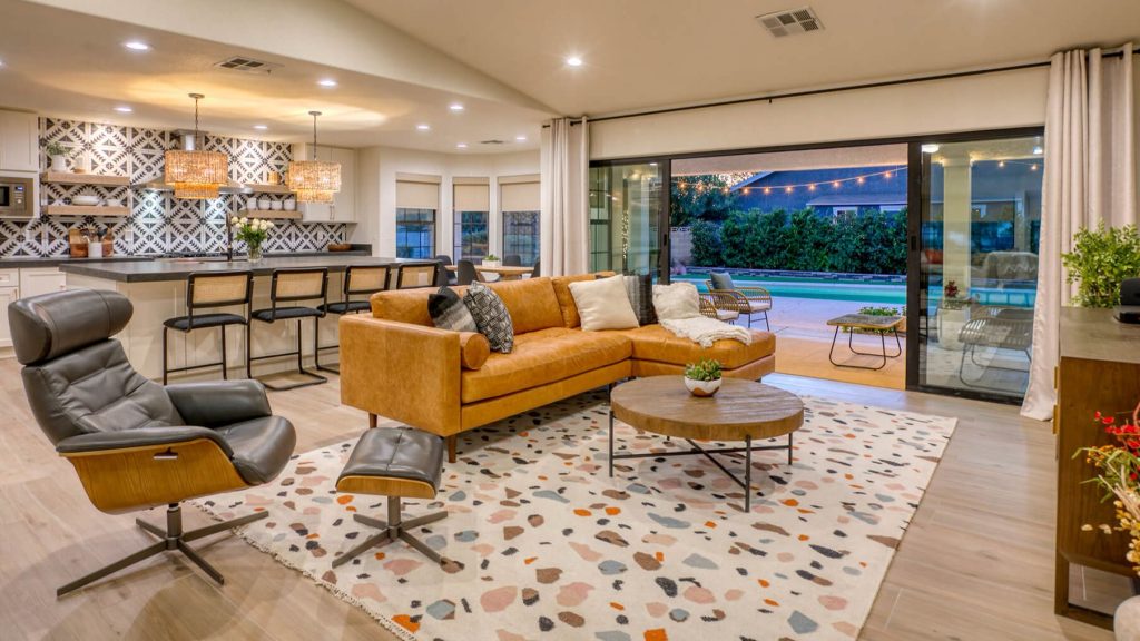 Professionally staged vacation rental living room managed by a rental management company.