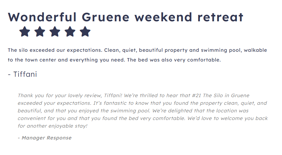 Screenshot of a five-star guest review praising #21 The Silo in Gruene for its clean, quiet property, swimming pool, comfortable bed, and convenient location.