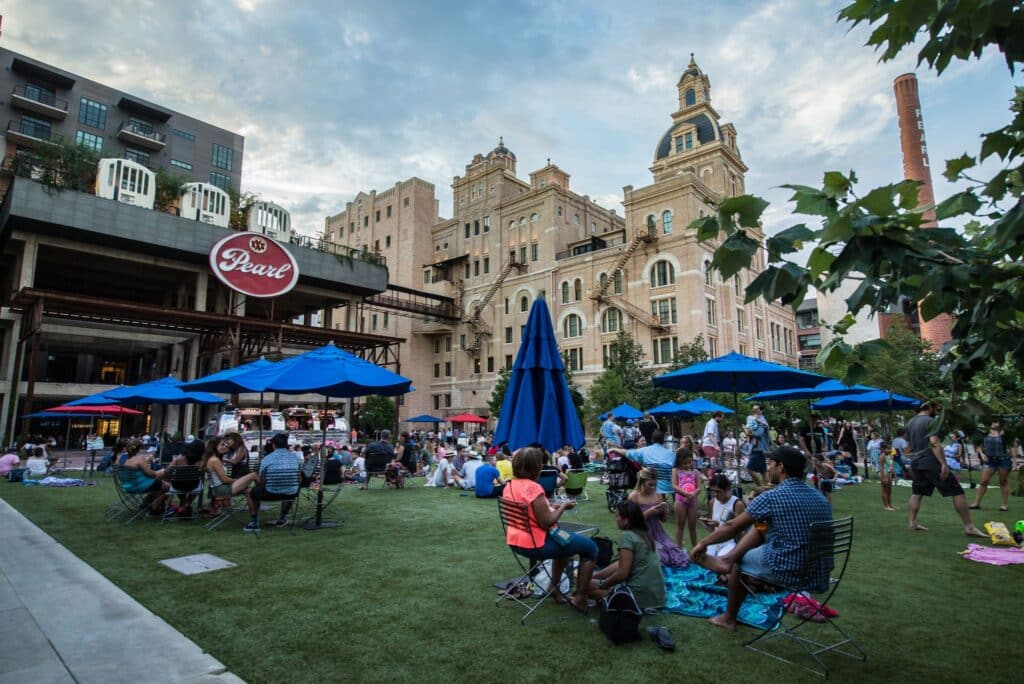 The Pearl district restaurants and tourists, illustrating occupancy optimization and vacation rental demand.